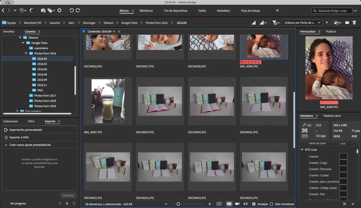 Pantalla de una computadora que tiene el programa Adobe Bridge abierto.