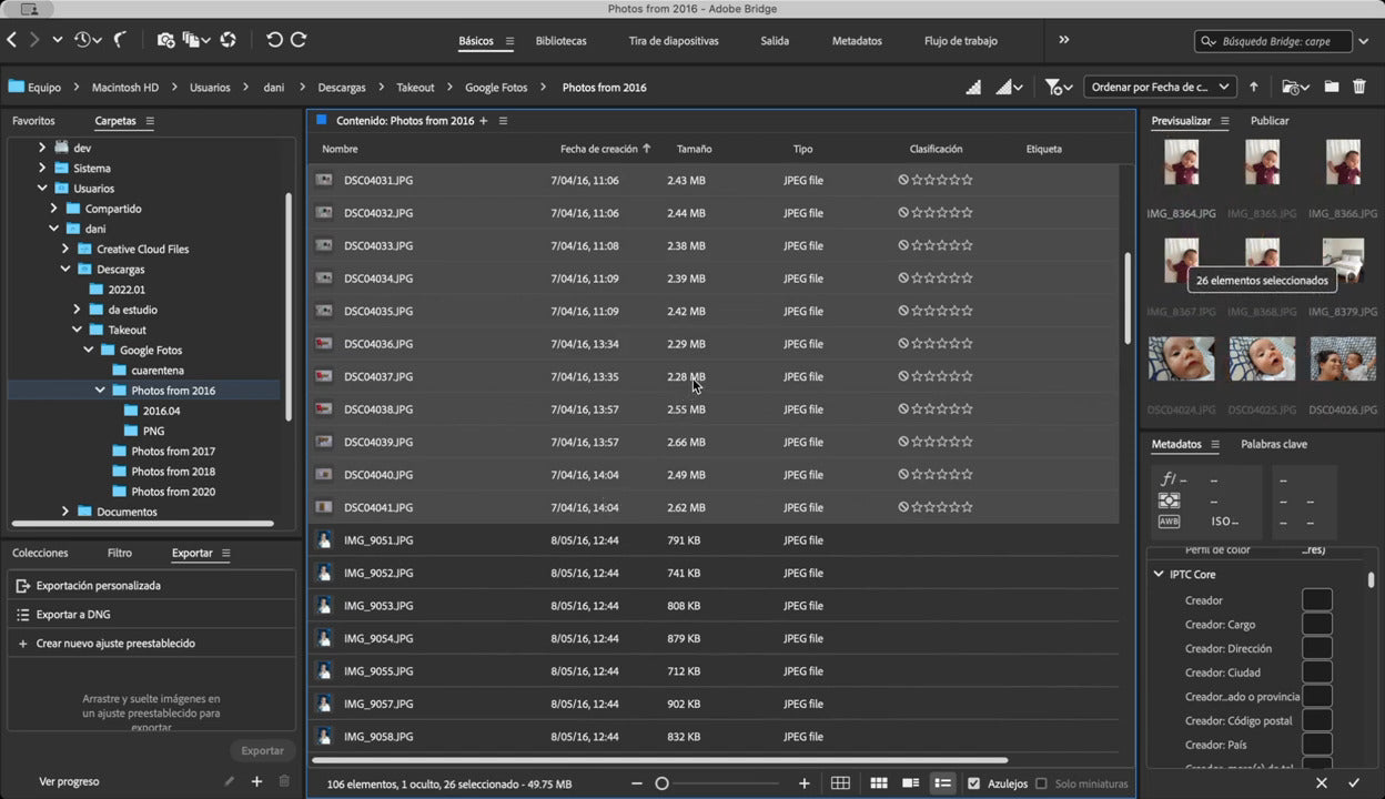 Pantalla de una computadora que tiene el programa Adobe Bridge abierto.